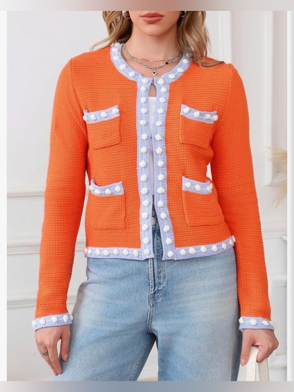 NWT Orange Knit Cardigan with Lavender Trim and Pom-Pom Detail Small